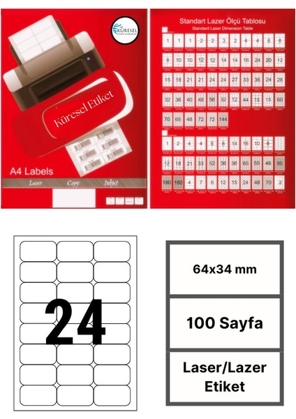 Laser Etiket | 64X34 mm | No: 24 | 100 Sayfa | Lazer Etiket | Yuvarlak Kenar