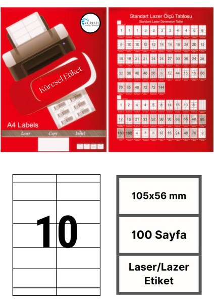 105x56mm Lazer Etiket | 1 Paket | 100 Sayfa | No: 10 | Ofis, Ambalaj, Etiketleme | Yapışkanlı