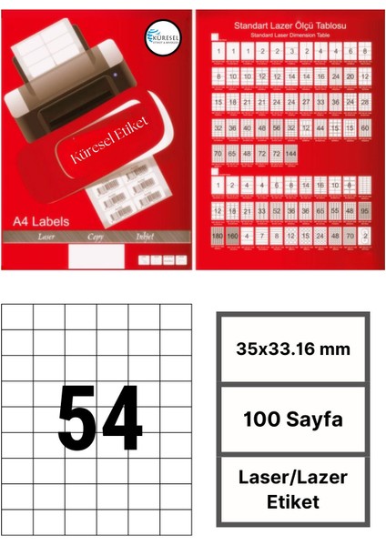 35x33.16mm Lazer Etiket | 1 Paket | 100 Sayfa | No: 54 | Ofis, Ambalaj, Etiketleme | Yapışkanlı