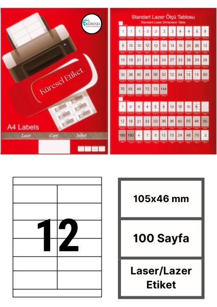 105x46mm Lazer Etiket | 1 Paket | 100 Sayfa | No: 12 | Ofis, Ambalaj, Etiketleme | Yapışkanlı