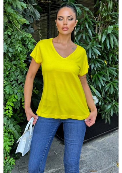 Kadın Sarı V Yaka, Kısa Kol, Basic Model, Salaş Bluz