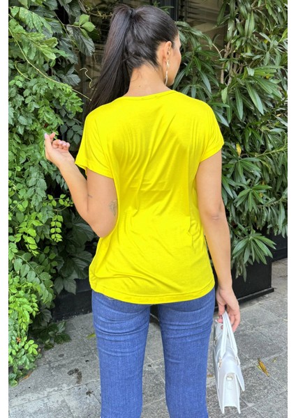 Kadın Sarı V Yaka, Kısa Kol, Basic Model, Salaş Bluz