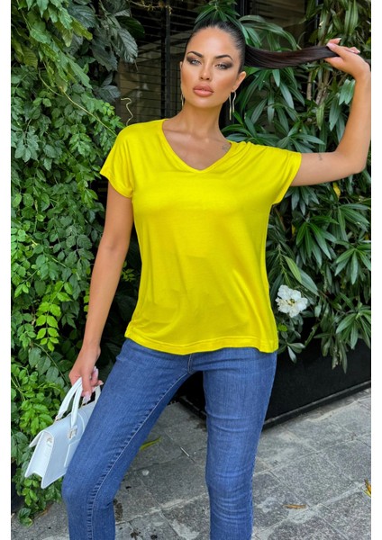 Kadın Sarı V Yaka, Kısa Kol, Basic Model, Salaş Bluz