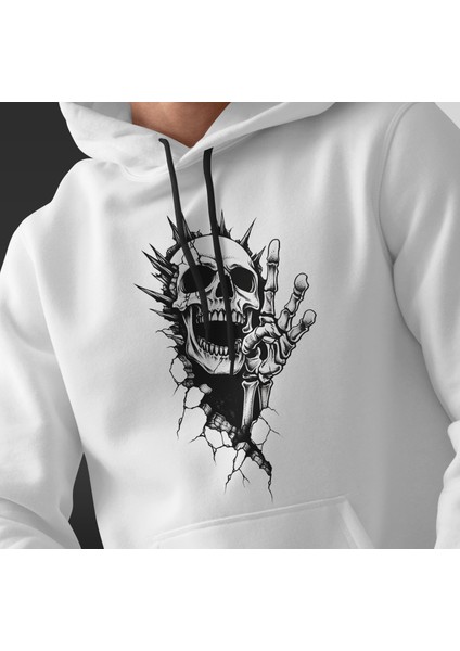 Kapüşonlu Uzun Kollu Unisex Swaetshirt Erkek Kadın Iskelet Kafası Sweatshirt