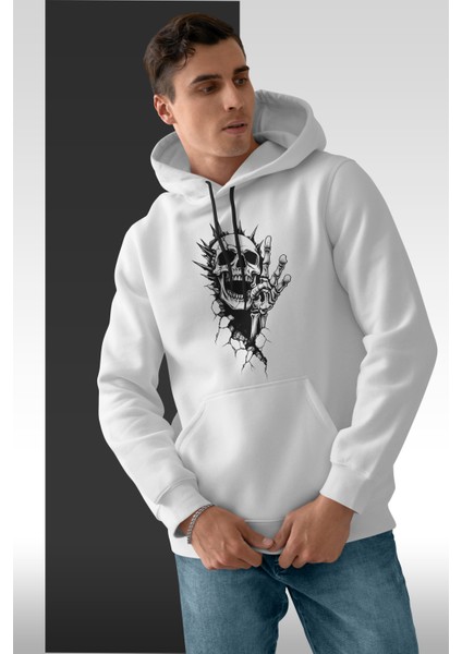 Kapüşonlu Uzun Kollu Unisex Swaetshirt Erkek Kadın Iskelet Kafası Sweatshirt