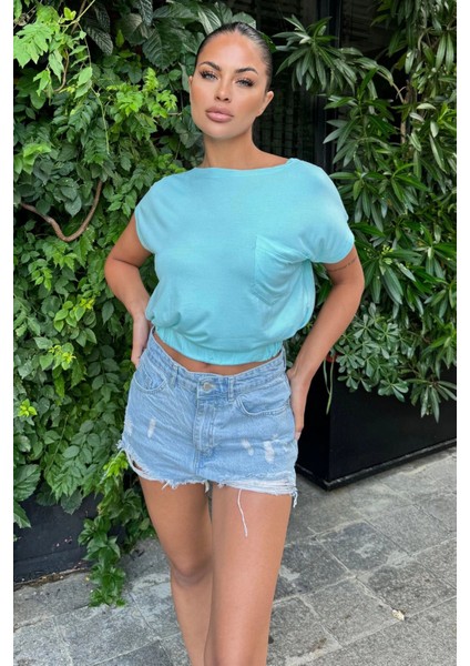 Kadın Mint Yarım Kol, Geniş Yaka, Tek Cepli, Beli Lastikli Rahat Crop Bluz fiyatları