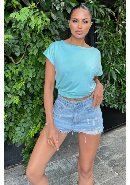 Kadın Mint Yarım Kol, Geniş Yaka, Tek Cepli, Beli Lastikli Rahat Crop Bluz