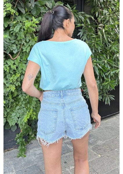 Kadın Mint Yarım Kol, Geniş Yaka, Tek Cepli, Beli Lastikli Rahat Crop Bluz modelleri