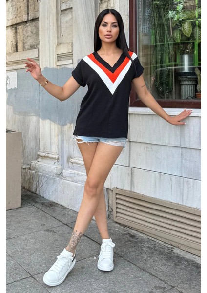 Kadın Siyah V Yaka, Kısa Kol, Color Block Detaylı Salaş Airobin Bluz