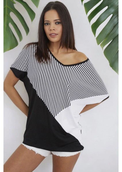 Kadın Siyah Kayık Yakalı, Kısa Kol, Renk Bloklu, Kaliteli Kumaş Oversize Kesim, Standart Boy Bluz