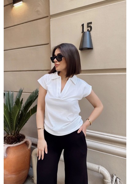 Beyaz Polo Yaka, Kısa Kol, Fitilli Kaşkorşe Kumaş, Basic Kalıp/kesim, Spor ve Günlük Bluz & T-Shirt fiyatları