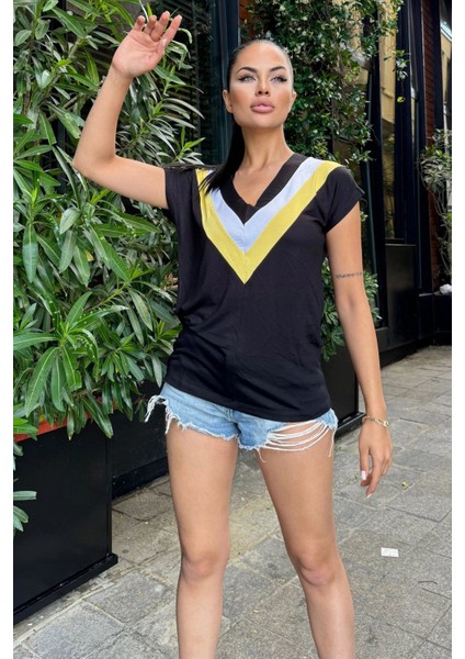 Kadın Siyah Kaliteli Üretim V Yaka Garnili Salaş Bluz Tshirt