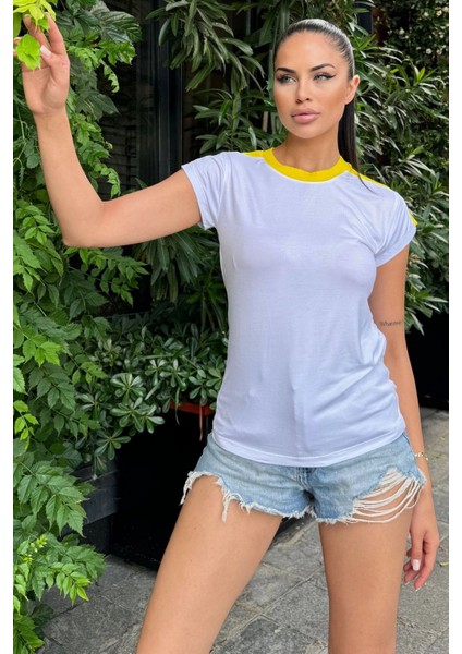 Kadın Beyaz Omuz ve Yaka Detaylı, Renk Bloklu Garnili Kısa Kol T-Shirt Bluz