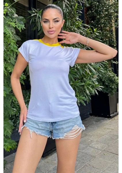 Kadın Beyaz Omuz ve Yaka Detaylı, Renk Bloklu Garnili Kısa Kol T-Shirt Bluz fiyatları