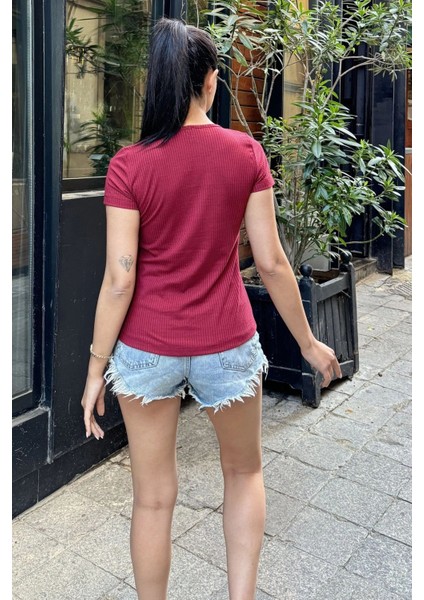 Kadın Bordo Kısa Kol, Fermuar Yaka Detaylı, Fitilli Terletmez Kumaş, Rahat Bluz, Tshirt modelleri