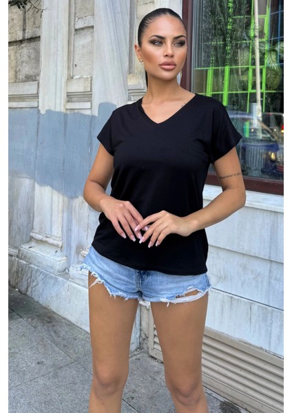 Kadın Siyah V Yaka, Kısa Kol, Basic Model, Salaş Bluz