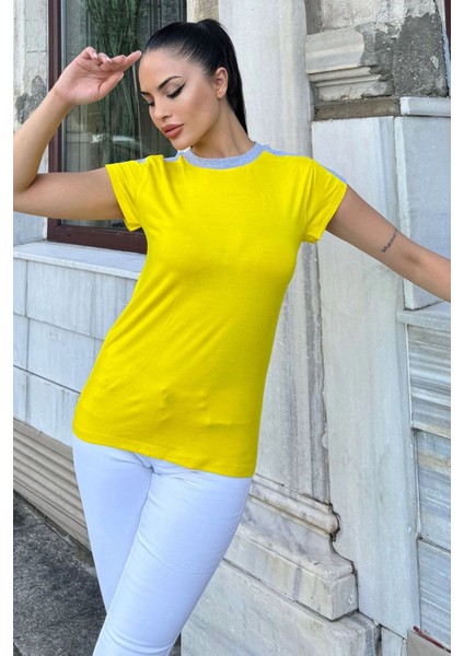 Kadın Sarı Omuz ve Yaka Detaylı, Renk Bloklu Garnili Kısa Kol T-Shirt Bluz