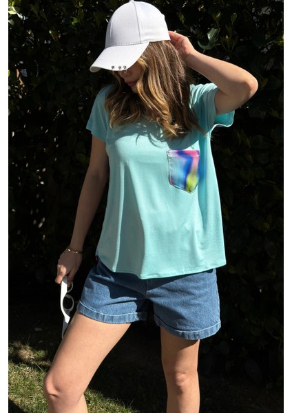 Kadın Mint V Yaka, Cep Detaylı, Salaş Kesim, Kısa Kol, Basic Bluz