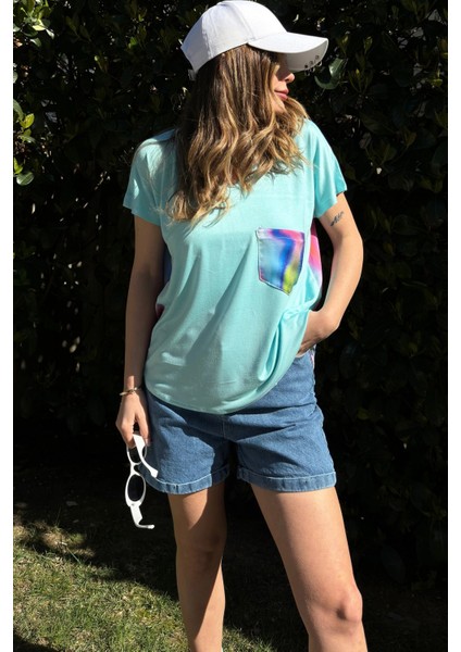 Kadın Mint V Yaka, Cep Detaylı, Salaş Kesim, Kısa Kol, Basic Bluz fiyatları