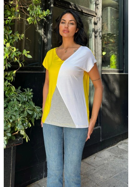 Beyaz Sarı Penye Basic Bluz