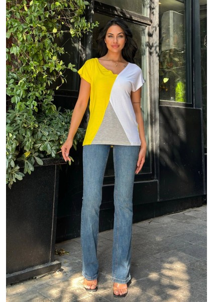 Beyaz Sarı Penye Basic Bluz indirimleri