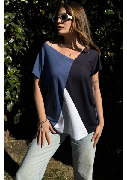 Kadın Indigo, Laci & Beyaz Kısa Kol, Color Block Tasarım, Salaş Bluz