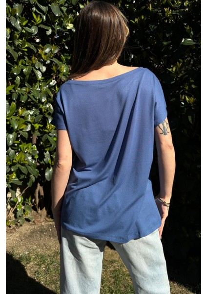 Kadın Indigo, Laci & Beyaz Kısa Kol, Color Block Tasarım, Salaş Bluz
