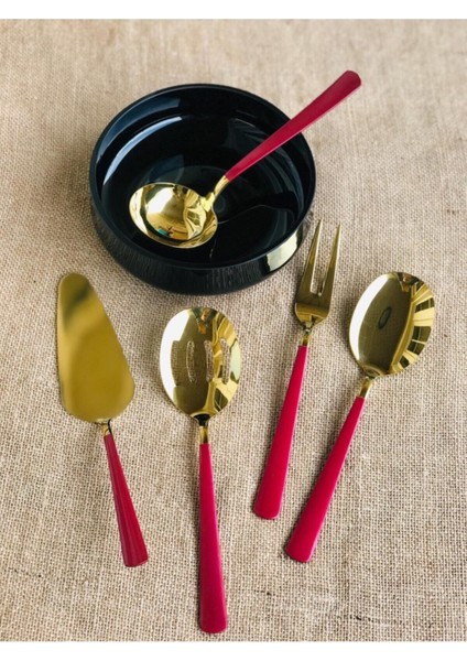 Kırmızı Gold Sos Kepçe Seti Servis Takımı 5 Parça