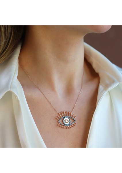 Göz Turkuaz Taşlı Rose Gold Gümüş Kolye