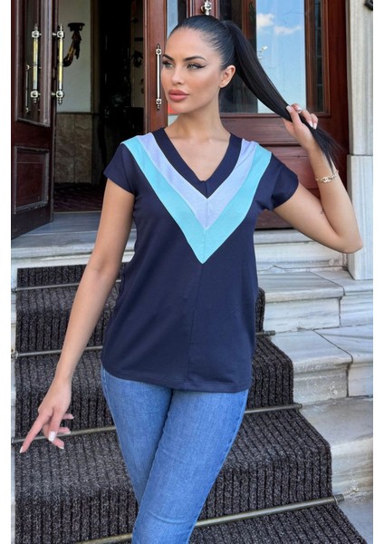 Kadın Laci V Yaka, Kısa Kol, Color Block Detaylı, Terletmez Dokulu Kumaş, Salaş Bluz, Tshirt