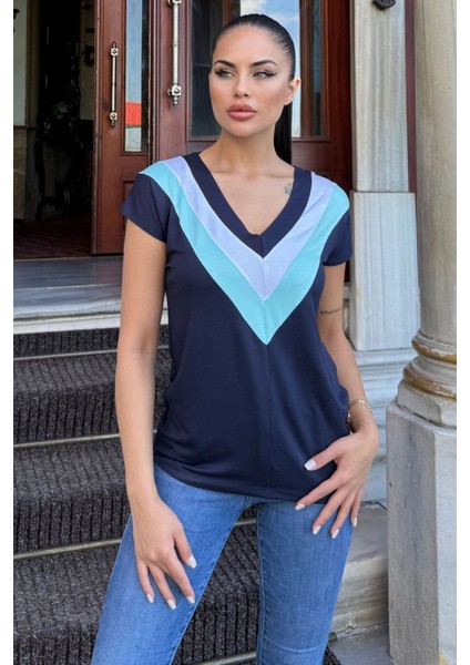 Kadın Laci V Yaka, Kısa Kol, Color Block Detaylı, Terletmez Dokulu Kumaş, Salaş Bluz, Tshirt fiyatları