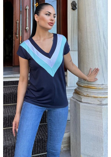 Kadın Laci V Yaka, Kısa Kol, Color Block Detaylı, Terletmez Dokulu Kumaş, Salaş Bluz, Tshirt modelleri