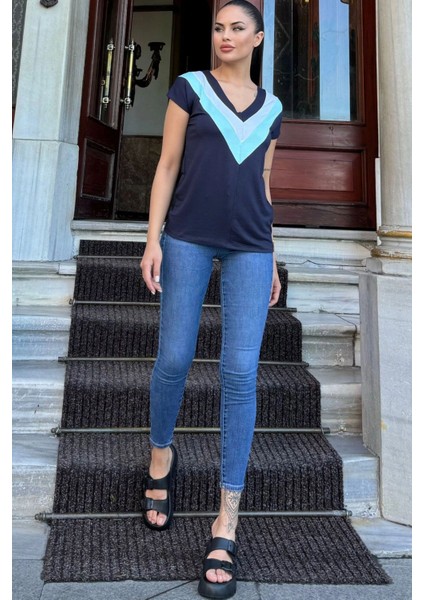 Kadın Laci V Yaka, Kısa Kol, Color Block Detaylı, Terletmez Dokulu Kumaş, Salaş Bluz, Tshirt fırsatları