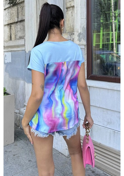 Kadın Mavi V Yaka, Cep Detaylı, Salaş Kesim, Kısa Kol, Basic Bluz fırsatları