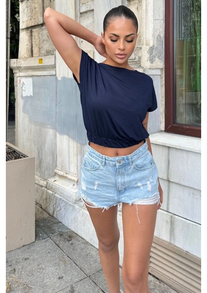 Kadın Lacivert Yarım Kol, Geniş Yaka, Tek Cepli, Beli Lastikli Rahat Crop Bluz fiyatları