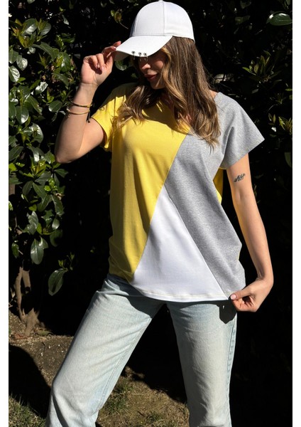 Kadın Sarı, Beyaz & Gri Kısa Kol, Color Block Tasarım, Salaş Bluz