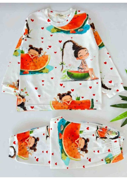 Kız Çocuk Karpuz ve Bebek Desenli Uzun Kollu Pijama Takımı