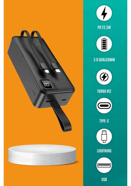 Powerbank Cihazı 30.000 Mah 22,5 W Süper Hızlı Type-C ve Ligthining