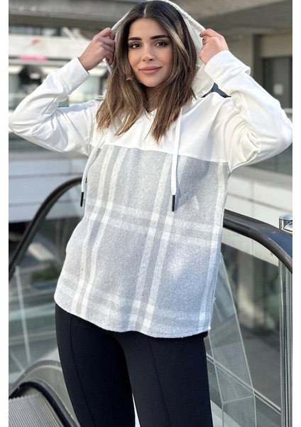 Kadın Ekru & Gri Ekose Garnili, Rahat Kesim, Kapüşonlu İki İplik Sweatshirt