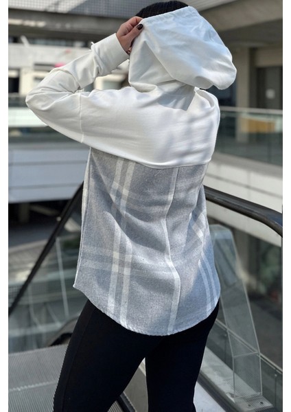 Kadın Ekru & Gri Ekose Garnili, Rahat Kesim, Kapüşonlu İki İplik Sweatshirt