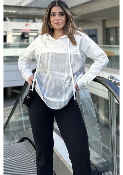 Kadın Ekru & Gri Ekose Garnili, Rahat Kesim, Kapüşonlu İki İplik Sweatshirt
