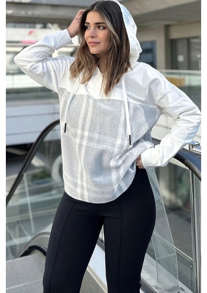 Kadın Ekru & Gri Ekose Garnili, Rahat Kesim, Kapüşonlu İki İplik Sweatshirt