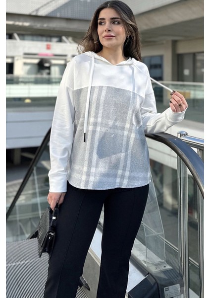 Kadın Ekru & Gri Ekose Garnili, Rahat Kesim, Kapüşonlu İki İplik Sweatshirt