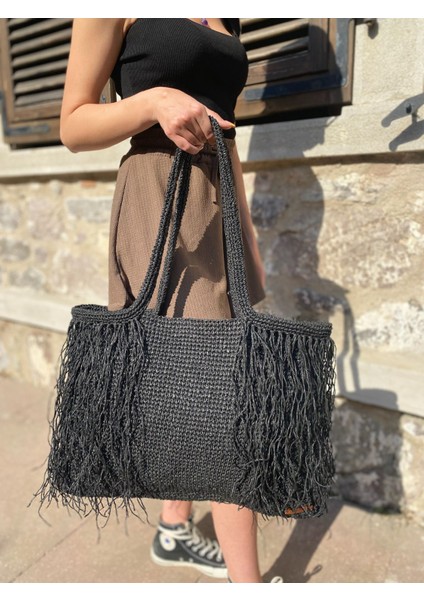 Siyah Püskül Detaylı Hasır Örgü Çanta fiyatları