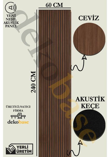 60X240 cm Ceviz Renk Akustik Ahşap Duvar Paneli