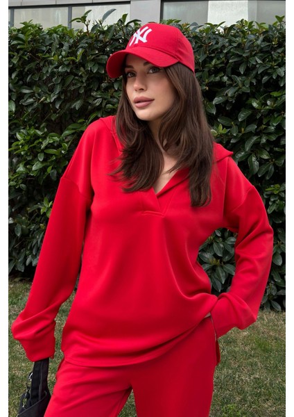 Kadın Kırmızı Scuba Kumaş, Salaş Kesim, Kapüşonlu Sweatshirt Bluz