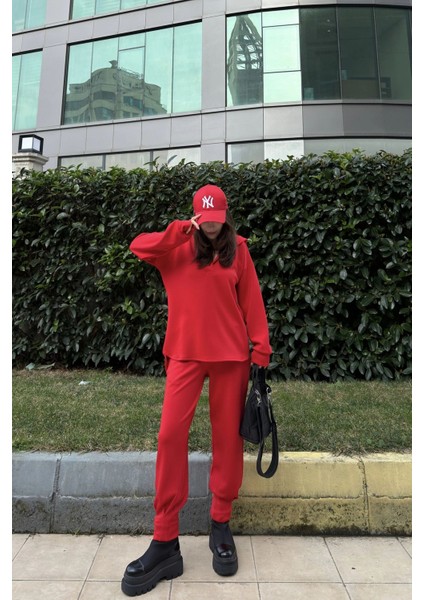Kadın Kırmızı Scuba Kumaş, Salaş Kesim, Kapüşonlu Sweatshirt Bluz