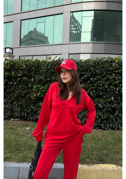 Kadın Kırmızı Scuba Kumaş, Salaş Kesim, Kapüşonlu Sweatshirt Bluz
