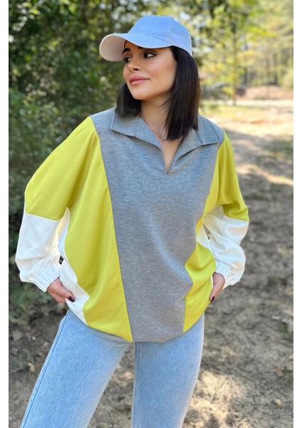 Kadın Gri Polo Yaka Uzun Yarasa Kol Lastikli Manşet Asimetrik Color Block Salaş Sweatshirt Bluz