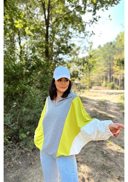 Kadın Gri Polo Yaka Uzun Yarasa Kol Lastikli Manşet Asimetrik Color Block Salaş Sweatshirt Bluz